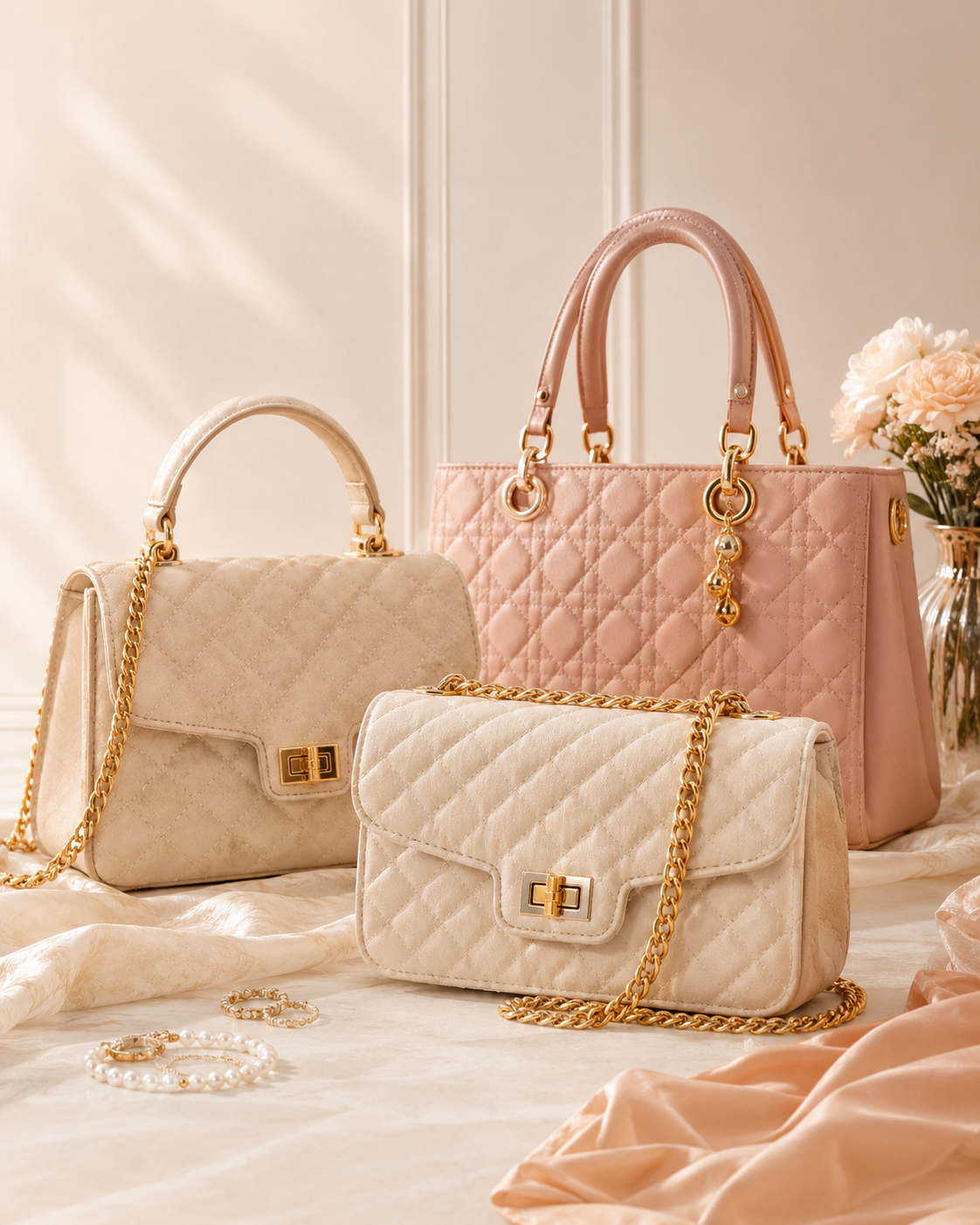 Quilted pastel handbags styled with warm flowers