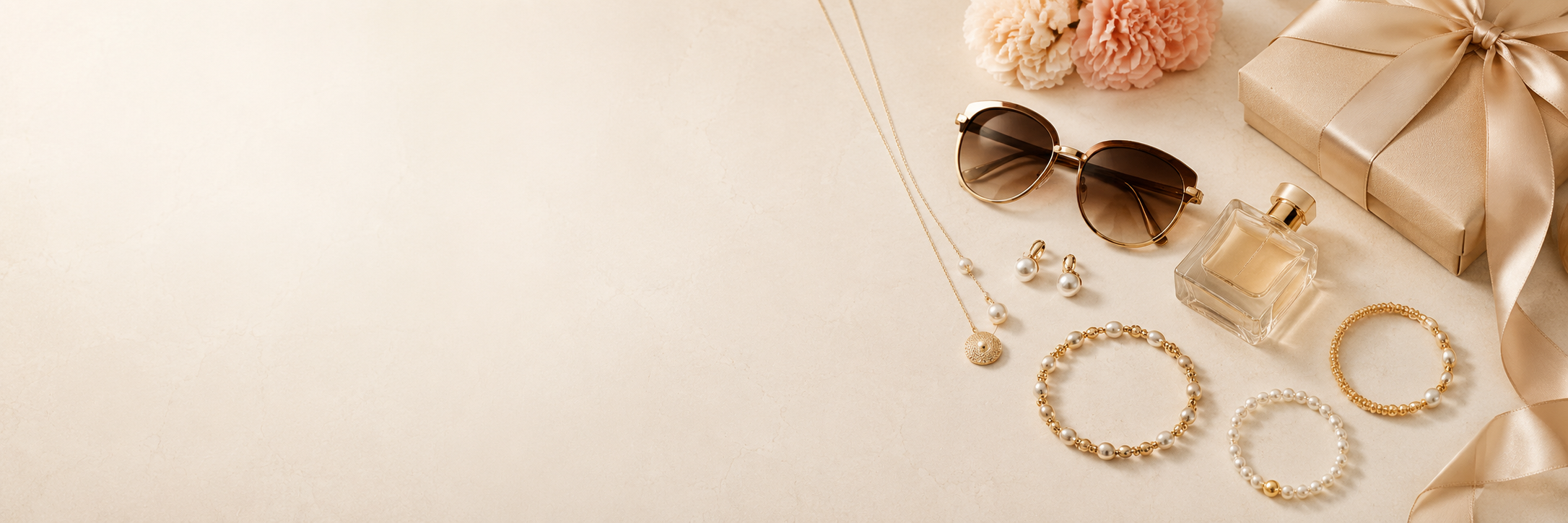 Gold and pearl jewelry arranged beside flowers and gift packaging