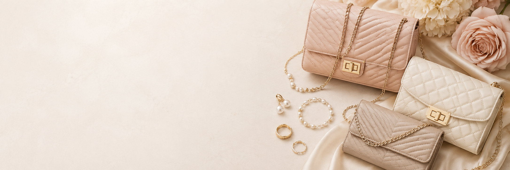 Warm flat lay of bags, jewelry, and beauty accessories