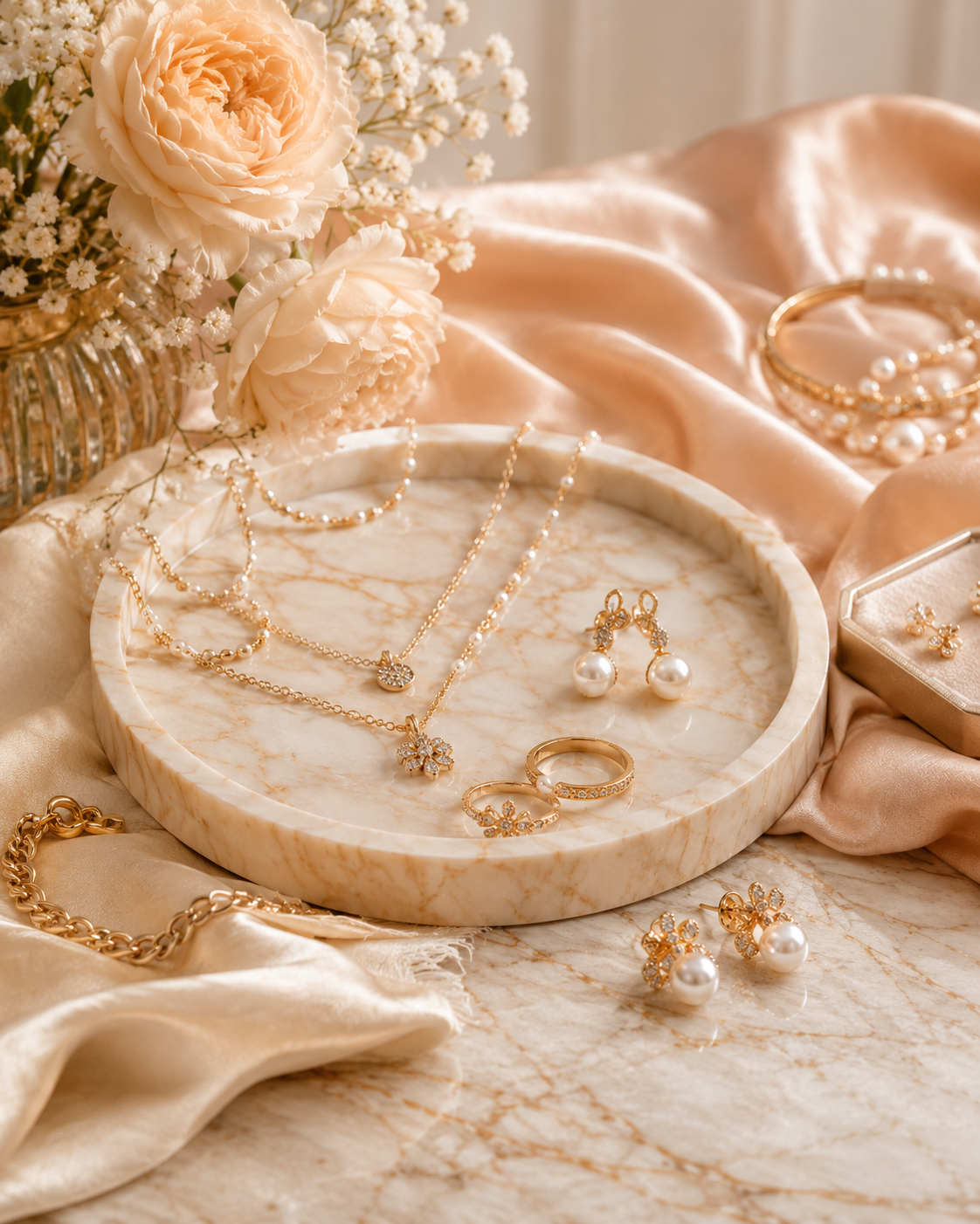 Gold and pearl earrings on a marble tray