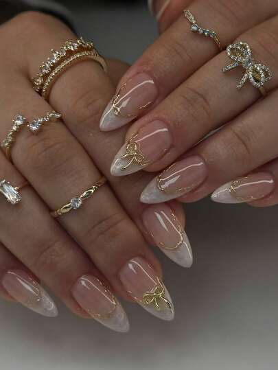 Ombre Almond French Press-On Nails with Gold Bow - 24pcs main product photo - Press-On Nails at ShopKaar