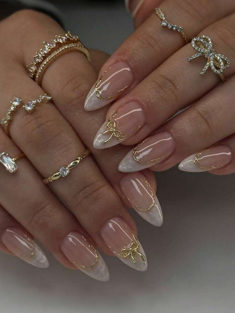 Ombre Almond French Press-On Nails with Gold Bow - 24pcs detail photo 2 - Press-On Nails at ShopKaar