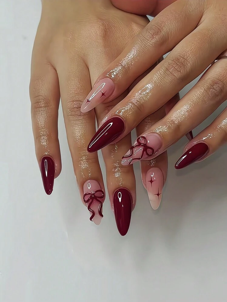 Wine Red Almond French Press-On Nails with Bow Decor - 24pcs detail photo 2 - Press-On Nails at ShopKaar