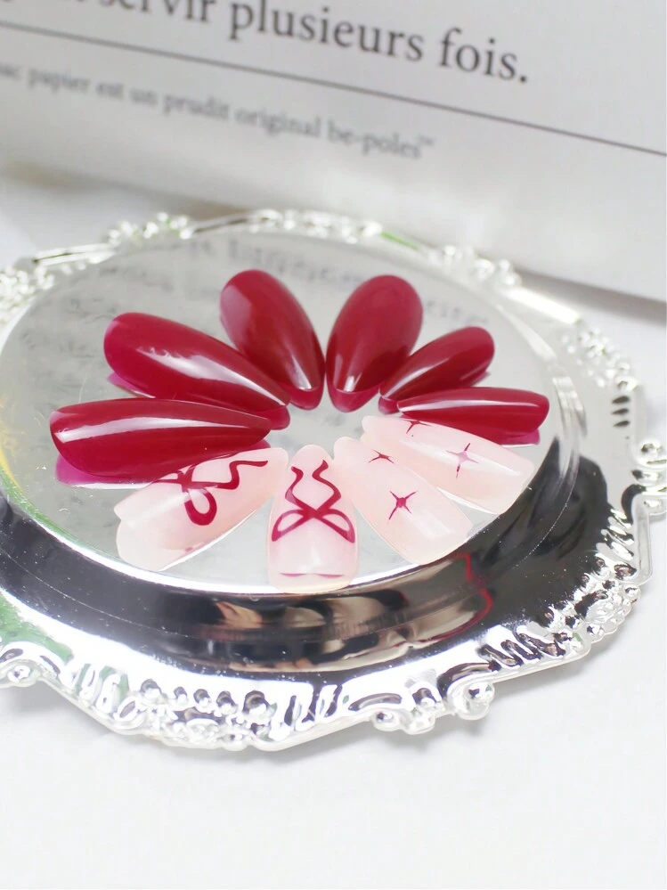 Wine Red Almond French Press-On Nails with Bow Decor - 24pcs detail photo 4 - Press-On Nails at ShopKaar