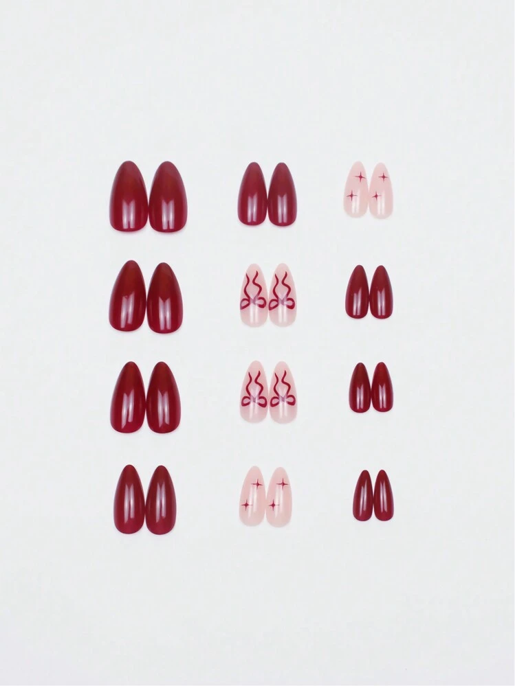 Wine Red Almond French Press-On Nails with Bow Decor - 24pcs detail photo 5 - Press-On Nails at ShopKaar