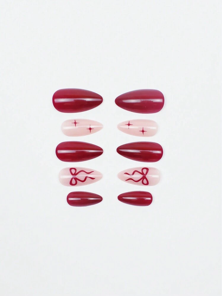 Wine Red Almond French Press-On Nails with Bow Decor - 24pcs detail photo 6 - Press-On Nails at ShopKaar
