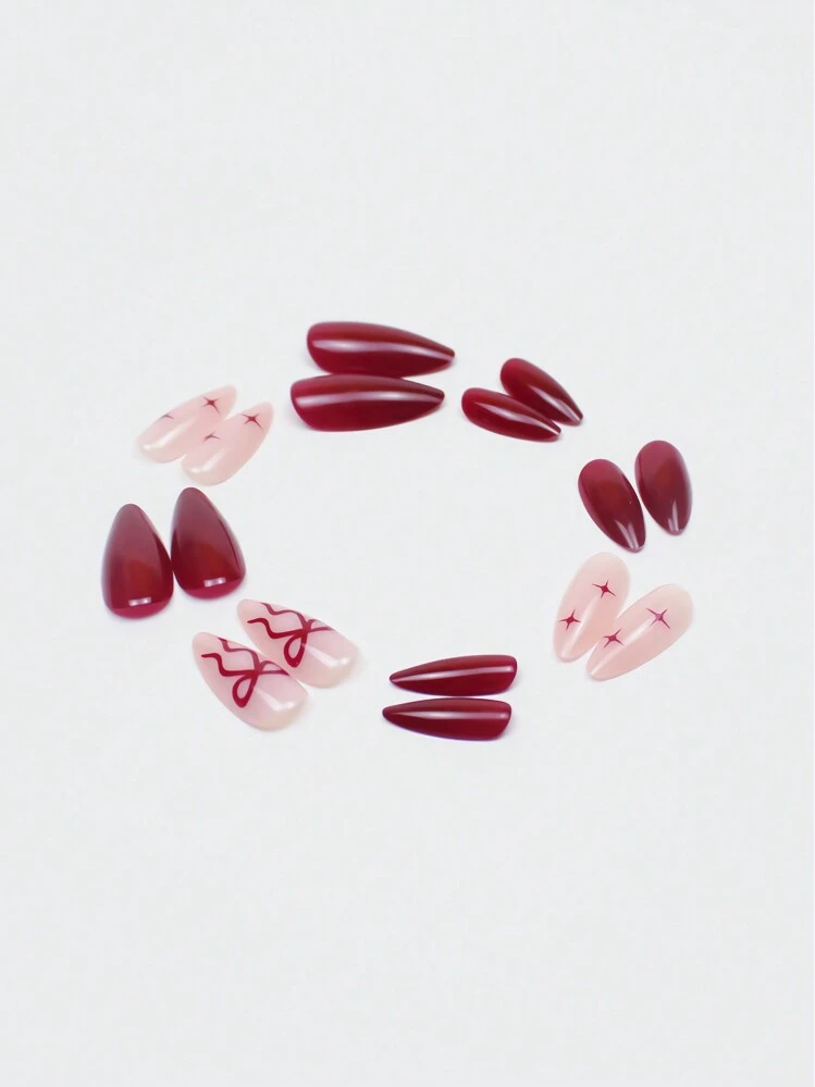 Wine Red Almond French Press-On Nails with Bow Decor - 24pcs detail photo 7 - Press-On Nails at ShopKaar
