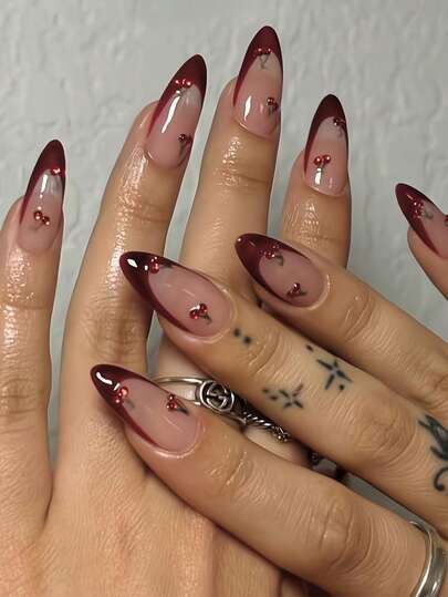 Burgundy Cherry French Almond Press-On Nails - 24pcs main product photo - Press-On Nails at ShopKaar
