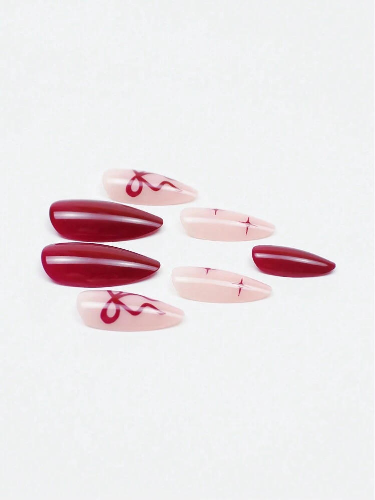 Wine Red Almond French Press-On Nails with Bow Decor - 24pcs detail photo 8 - Press-On Nails at ShopKaar