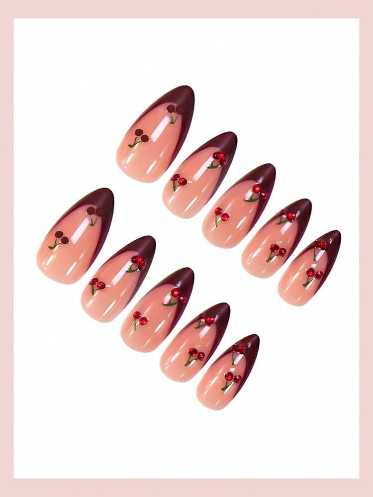 Burgundy Cherry French Almond Press-On Nails - 24pcs detail photo 3 - Press-On Nails at ShopKaar
