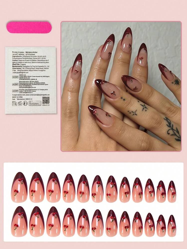 Burgundy Cherry French Almond Press-On Nails - 24pcs detail photo 4 - Press-On Nails at ShopKaar