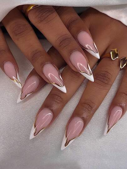 White and Gold French Almond Press-On Nails - 24pcs main product photo - Press-On Nails at ShopKaar