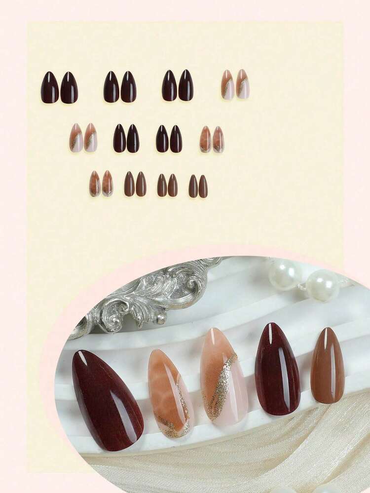Nude Almond Press-On Nails with Gold Line Art - 24pcs detail photo 5 - Press-On Nails at ShopKaar