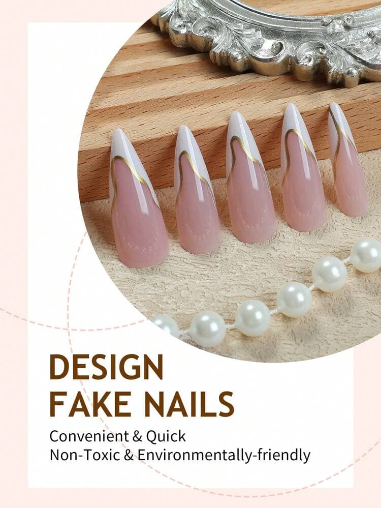 White and Gold French Almond Press-On Nails - 24pcs detail photo 4 - Press-On Nails at ShopKaar