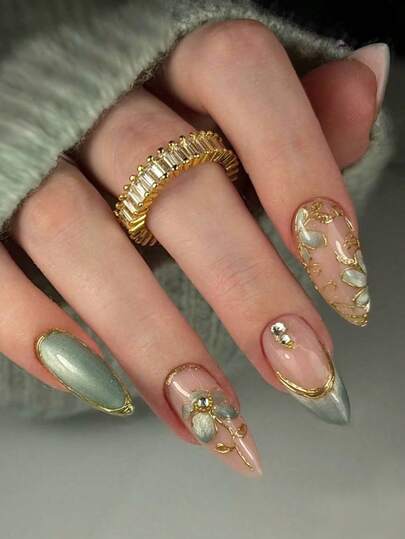 Gold Y2K Almond False Nails with Green Cat Eye Decor - 10pcs main product photo - Press-On Nails at ShopKaar