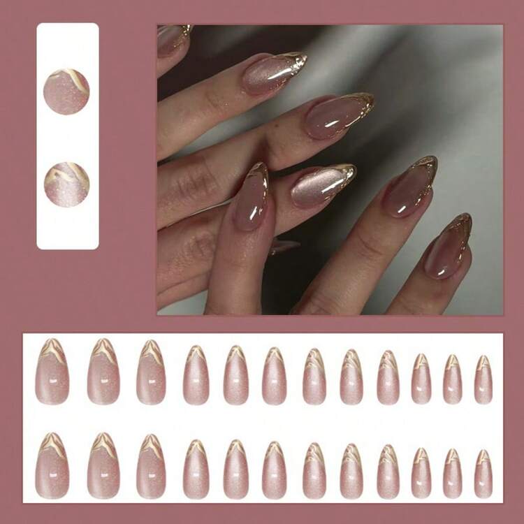 Pink Cat Eye French Almond Press-On Nails - 24pcs detail photo 5 - Press-On Nails at ShopKaar