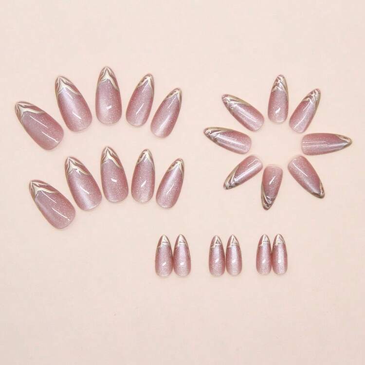 Pink Cat Eye French Almond Press-On Nails - 24pcs detail photo 6 - Press-On Nails at ShopKaar