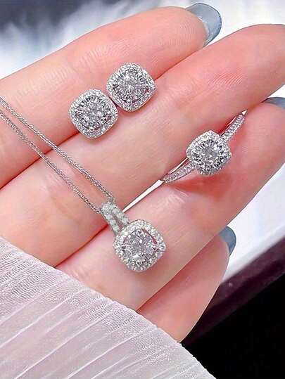 Rectangular Rhinestone Jewelry Set - 4pcs main product photo - Jewelry Sets at ShopKaar