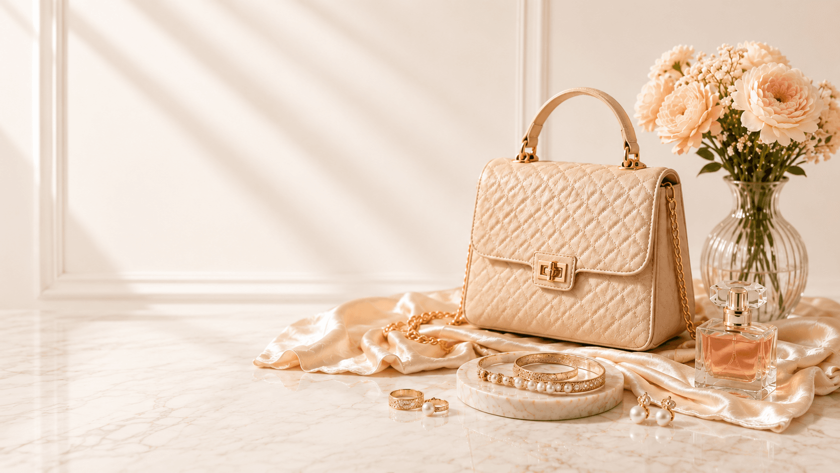 Warm product scene with a quilted handbag, perfume, jewellery, and flowers